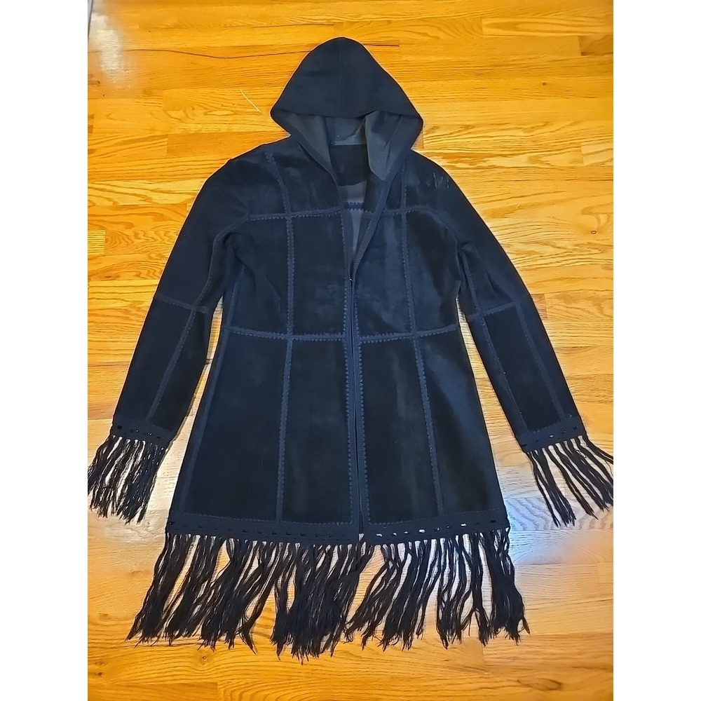 Suede Fringe Crochet Jacket Long Sleeve Black with Hood‎ Size M BOHO